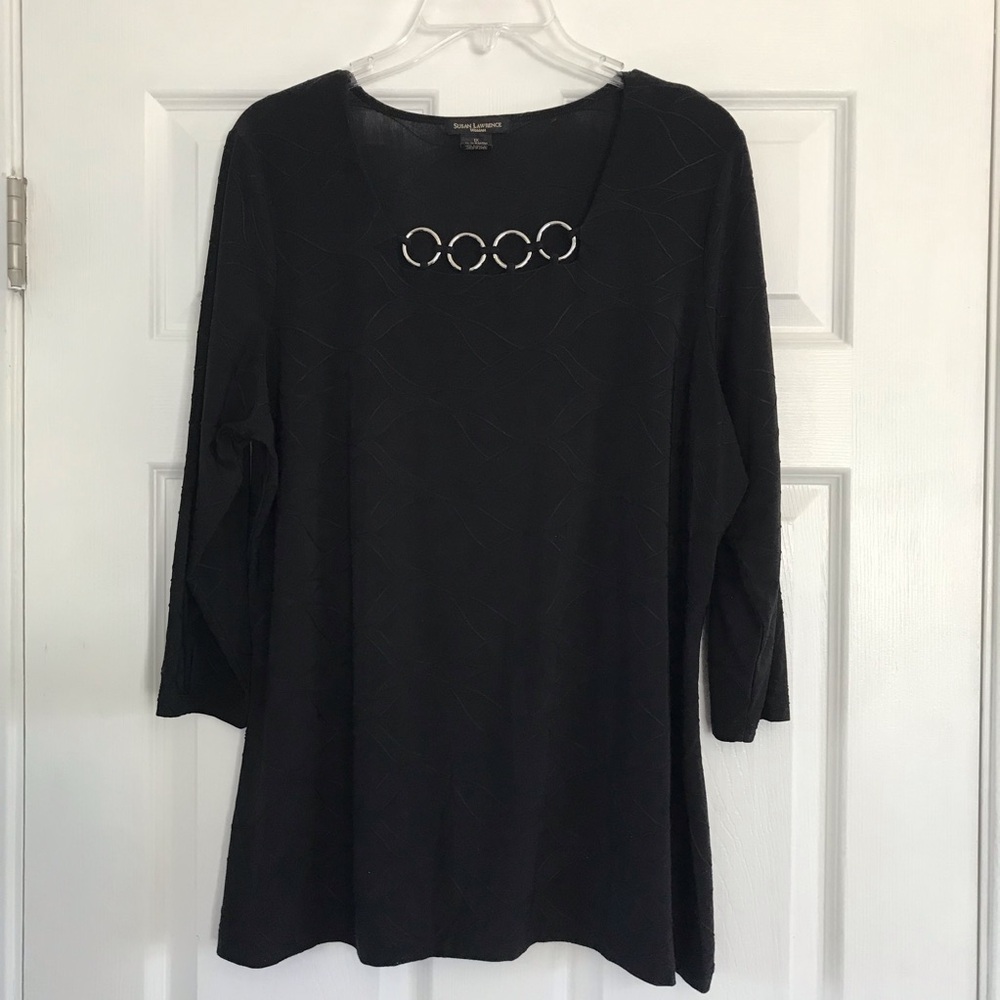 Susan Lawrence Womens 1X Shirt Blouse Top 3/4 Sleeves Black Career Casual Soft